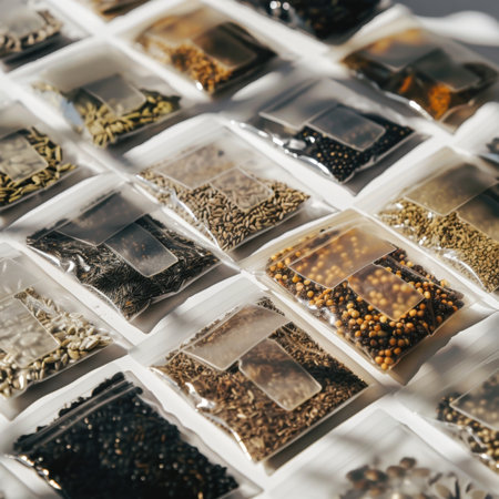 A visually appealing arrangement of assorted seed packets featuring various spices, herbs, and grains, ideal for gardening enthusiasts and culinary professionals alike.の素材
