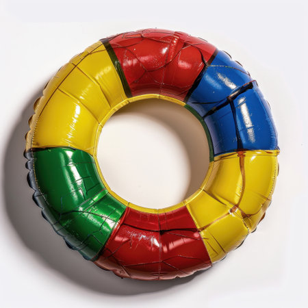 Bright and vibrant inflatable swim ring featuring a colorful design in red, yellow, green, and blue, perfect for summer fun, swimming pools, and beach escapades.の素材