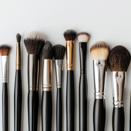 A diverse array of makeup brushes on a clean white surface, ideal for showcasing beauty products, enhancing makeup artistry, or illustrating personal grooming tips.の素材