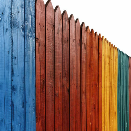 A vertical wooden fence showcasing planks in an array of vibrant colors, including red, yellow, blue, and orange, ideal for artistic projects or backgrounds.の素材