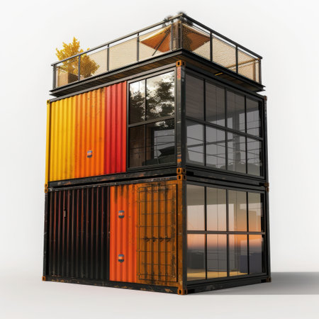 Explore a striking modern shipping container home that combines sustainability and style with its vibrant colors, rooftop deck, and innovative design for contemporary living.の素材