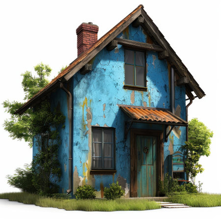 This captivating image features a weathered blue cottage nestled in lush greenery, showcasing rustic charm with its unique architectural features and warm appeal.の素材