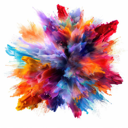 This stunning abstract image showcases a vibrant explosion of colorful paint splashes, creating a captivating visual experience perfect for artistic backgrounds and modern decor.の素材