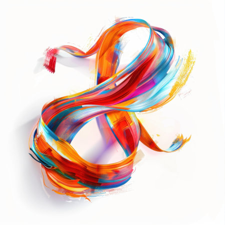 Bright and colorful ribbons intertwine to form a captivating abstract design, evoking creativity and energy against a clean white background. Ideal for art projects.の素材