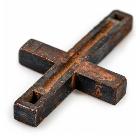 A rustic wooden cross featuring a weathered texture and deep colors, representing faith and craftsmanship. Perfect for artistic and spiritual themes.の素材