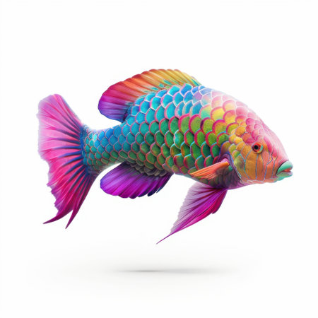 Discover a mesmerizing rainbow fish swimming gracefully with vibrant colors against a bright white background, ideal for aquatic themes and nature inspirations.の素材