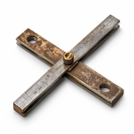 This vintage cross-sectional tool features a metal ruler and a brass knob, perfect for accurate measurements in woodworking and carpentry. Ideal for craftsmen.の素材