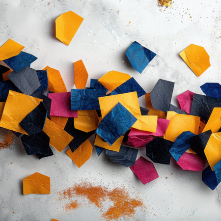 A visually engaging scene featuring vibrant geometric paper shapes scattered on a light background, ideal for creative projects and design inspiration.の素材