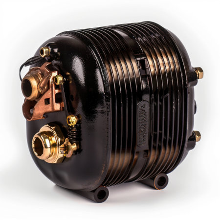 This detailed image showcases a high-quality industrial air compressor designed with a striking black finish and intricate copper components for superior performance and durability.の素材