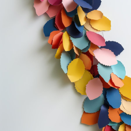 A stunning arrangement of colorful paper shapes on a white background, perfect for arts, crafts, design projects, or creative inspiration for various activities.の素材