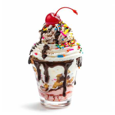 This vibrant ice cream sundae features rich layers of ice cream, topped with whipped cream, chocolate syrup, colorful sprinkles, and a cherry for a perfect dessert experience.の素材