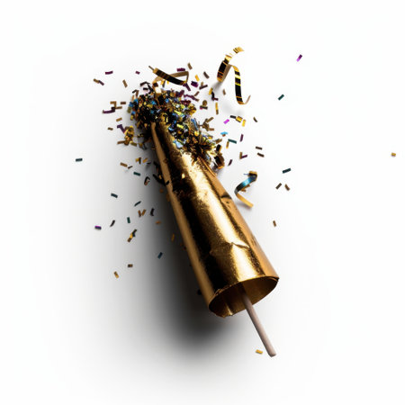 A striking golden party hat surrounded by colorful confetti on a clean white background, perfect for conveying themes of celebration, joy, and festive occasions.の素材