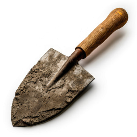 This image features a sturdy metal trowel with a wooden handle, perfect for various tasks such as gardening, construction, and landscaping. The textured surface shows dry cement.の素材