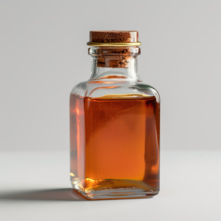 A small glass bottle showcases a rich amber liquid, ideal for culinary presentations, beverages, and artistic photography. Its simple design enhances any composition.の素材