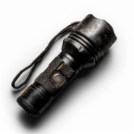 This vintage black flashlight, featuring a worn finish and attached strap, serves as a practical tool for various lighting needs during camping or emergency situations.の素材