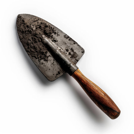 A vintage metal garden trowel with a wooden handle lies atop a pristine white background. It captures soil and dirt, ideal for gardening enthusiasts and professionals alike.の素材