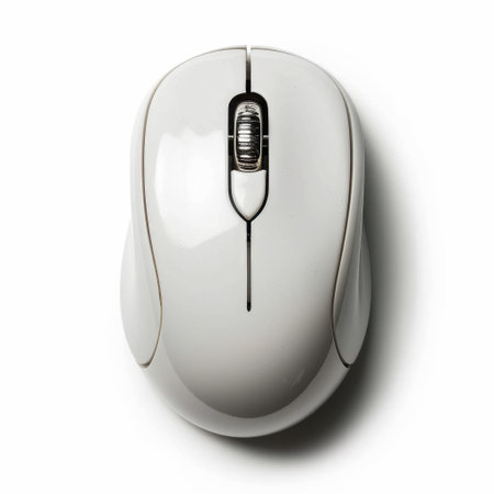 A white computer mouse featuring a sleek design and scroll wheel, perfect for enhancing productivity in a modern workspace or office environment.の素材