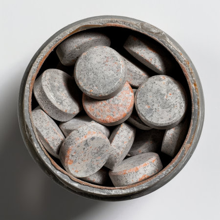 A close-up view of round grey and orange tablets inside a container on a white background, highlighting their texture and color variations for health and wellness applications.の素材