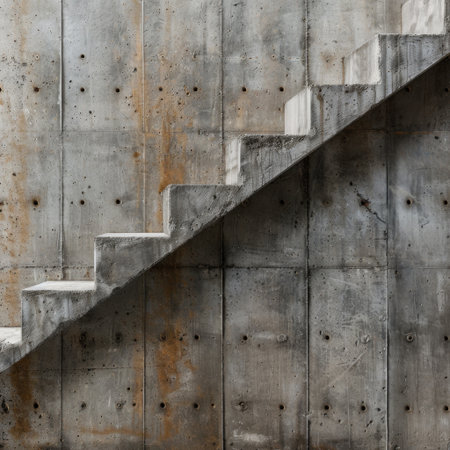 A close-up view of a concrete staircase featuring a sleek modern design with textured surfaces, ideal for architectural, interior, and urban aesthetic inspiration.の素材