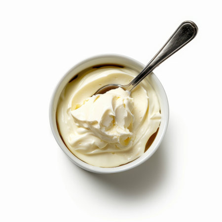 A close-up shot of creamy vanilla dessert in a white bowl, served with a silver spoon. Ideal for food enthusiasts, chefs, or culinary art representation.の素材