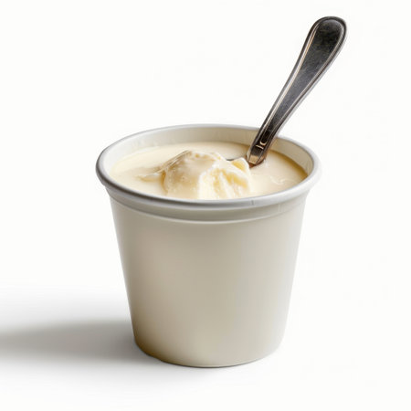 This image features a creamy dessert in a white cup with a metal spoon, perfect for use in culinary blogs or stock photo collections related to food and desserts.の素材