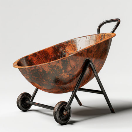 Discover this vintage rusty wheelbarrow showcasing unique design and texture, ideal for landscaping, gardening projects, and artistic photography opportunities.の素材