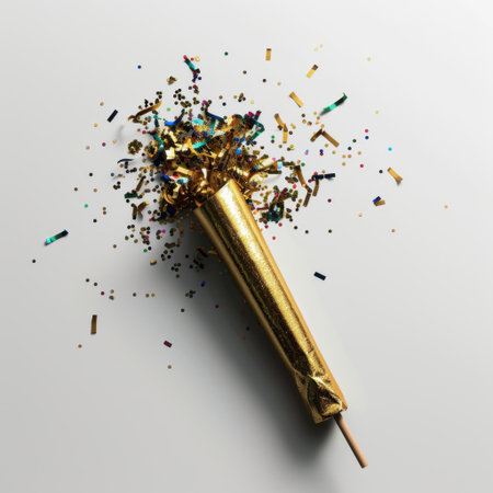 A vibrant party popper lies on a clean surface, surrounded by scattered golden sparkles and colorful confetti, perfect for celebrations and festive occasions.の素材