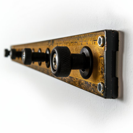 A detailed close-up of a vintage control panel featuring prominent black knobs and a glossy gold finish, set against a clean white wall for impactful visual contrast.の素材