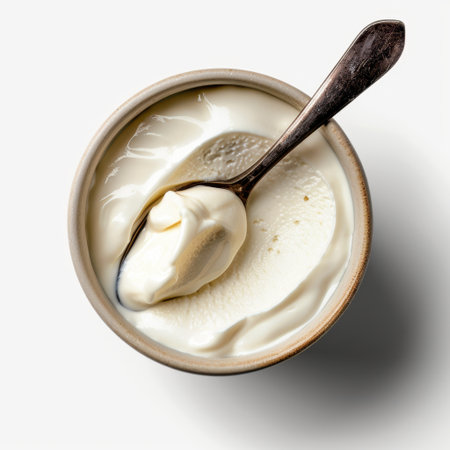 Enjoy a delicious bowl of creamy yogurt served with a silver spoon, ideal for promoting health, nutrition, cooking, and lifestyle content in various settings.の素材