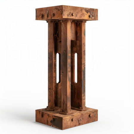 This striking industrial rusty metal beam structure showcases a unique design with a textured surface, perfect for modern art displays and photography settings.の素材