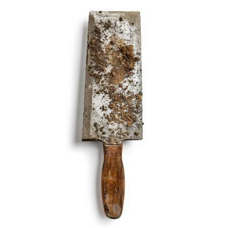 This vintage trowel is covered in dirt and debris, resting on a white background. Perfect for showcasing home improvement or gardening projects and tools.の素材