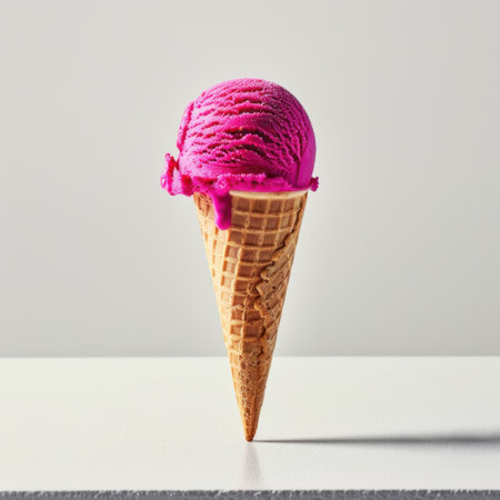 A striking image of bright pink ice cream in a cone, showcasing a smooth texture and playful design, perfect for capturing attention in summer-themed projects.の素材