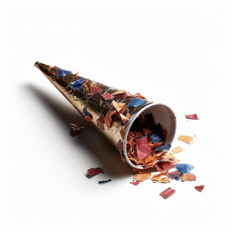 A golden party horn tipped over, releasing vibrant confetti onto a white surface. This image captures the essence of celebration, happiness, and festive moments.の素材