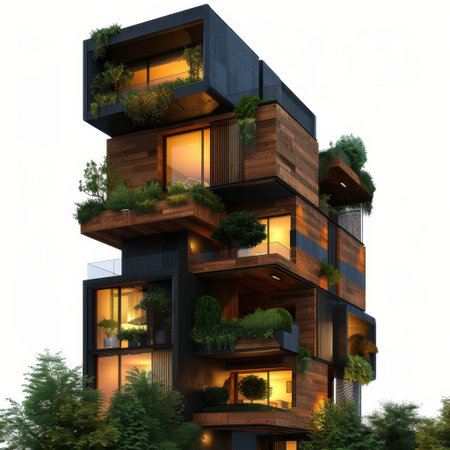This stunning modern building showcases a unique stacked design with abundant greenery. Its large windows bring in natural light, blending urban living with nature.の素材