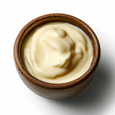 Creamy white sauce presented in a rustic clay bowl against a bright white background, perfect for culinary applications, enhancing meals, and adding flavor.の素材