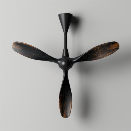This modern ceiling fan features three elegantly designed wooden blades and a sleek black motor, ideal for enhancing air circulation and stylish interior decor.の素材