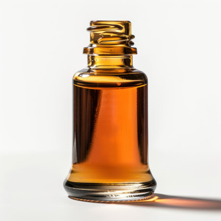 A transparent glass vial filled with warm amber liquid sits against a crisp white background. The interplay of light and shadow creates an inviting visual appeal.の素材