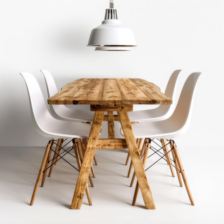 A well-designed dining area featuring a modern wooden table surrounded by sleek white chairs, illuminated by a stylish pendant light, showcasing minimalism.の素材