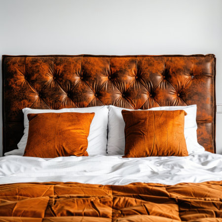 A serene bedroom setting featuring a brown tufted headboard and plush white bedding creates a warm and inviting atmosphere perfect for relaxation.の素材