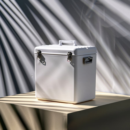 This image features a minimalistic white cooler box placed on a wooden surface, showcasing sharp shadows and highlights that enhance its modern design and functionality.の素材