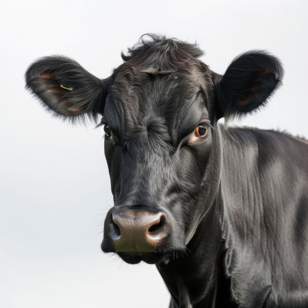 This image features a close-up of a curious black cow in a lush pasture, showcasing its expressive features against a serene blue sky, embodying rural tranquility.の素材