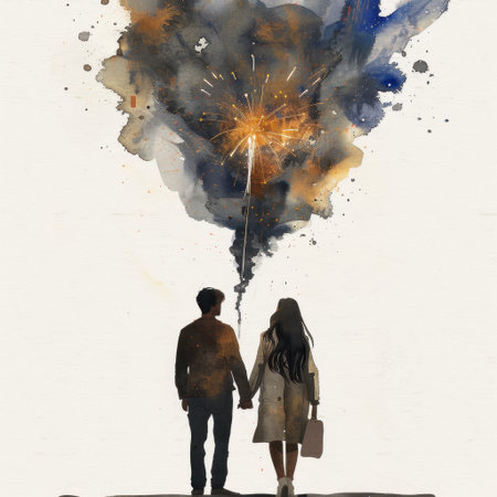A heartwarming illustration of a couple holding hands under a vibrant sky filled with fireworks, capturing the essence of love, dreams, and magical moments shared together.の素材