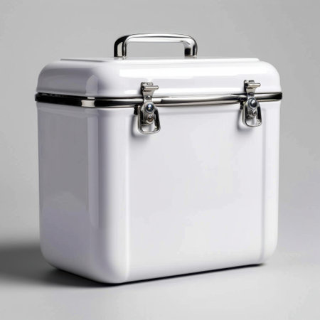 This vintage-inspired white kitchen storage container features a sleek design, metal latch, and handle for easy transport, perfect for organizing cooking essentials.の素材