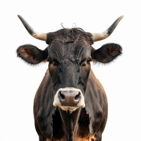 A detailed and captivating close-up portrait of a brown cow showing curious expression and distinctive features against a simple white background.の素材