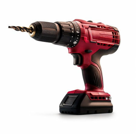 Sleek red cordless drill designed for a variety of home improvement tasks. Features adjustable torque, ergonomic grip, and efficient battery for enhanced performance.の素材