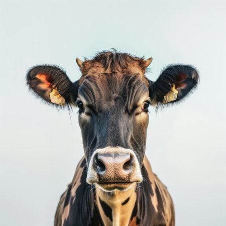 This close-up image showcases a curious cow with gentle eyes and distinctive features, evoking a serene feeling in a rural outdoor setting under a bright sky.の素材