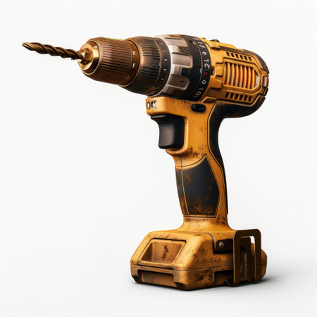 This image features a well-worn cordless drill, showcasing its rugged design suitable for various DIY and construction tasks, emphasizing durability and practicality.の素材