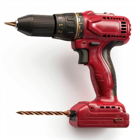 This striking red cordless drill features a powerful battery and sharp drill bit, ideal for various home improvement and DIY tasks, enhancing efficiency and performance.の素材