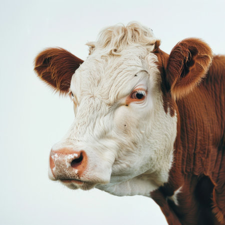 This image showcases a close-up of a brown and white cow with a gentle expression, symbolizing the essence of rural life and agriculture in a serene setting.の素材