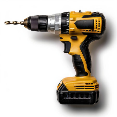 This cordless electric drill features a powerful motor, battery, and interchangeable drill bit, ideal for various construction and home improvement tasks.の素材